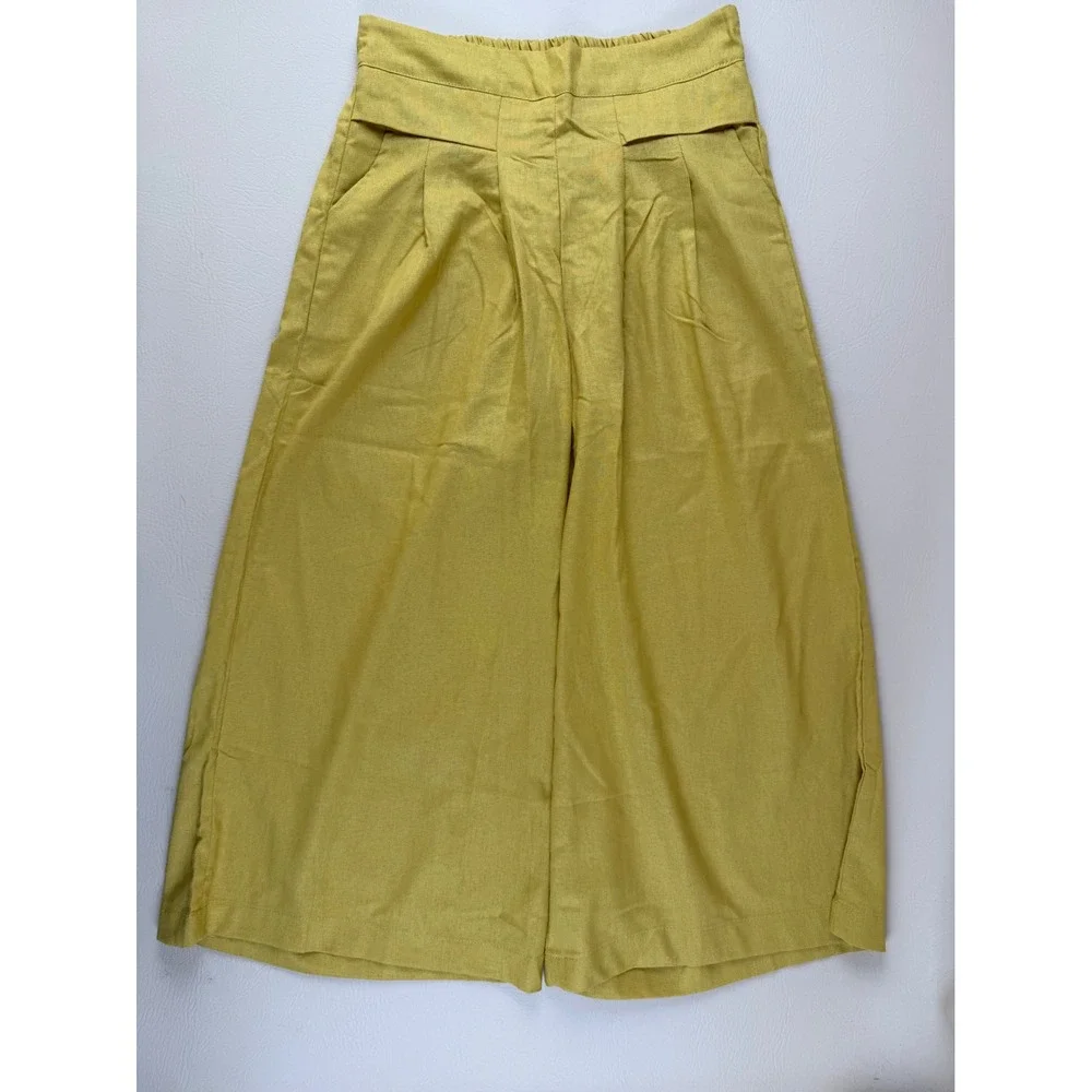 Boho Wide Leg Cotton Blend Pleated High Waist Crop Pants Size L Unbranded - Picture 2 of 8